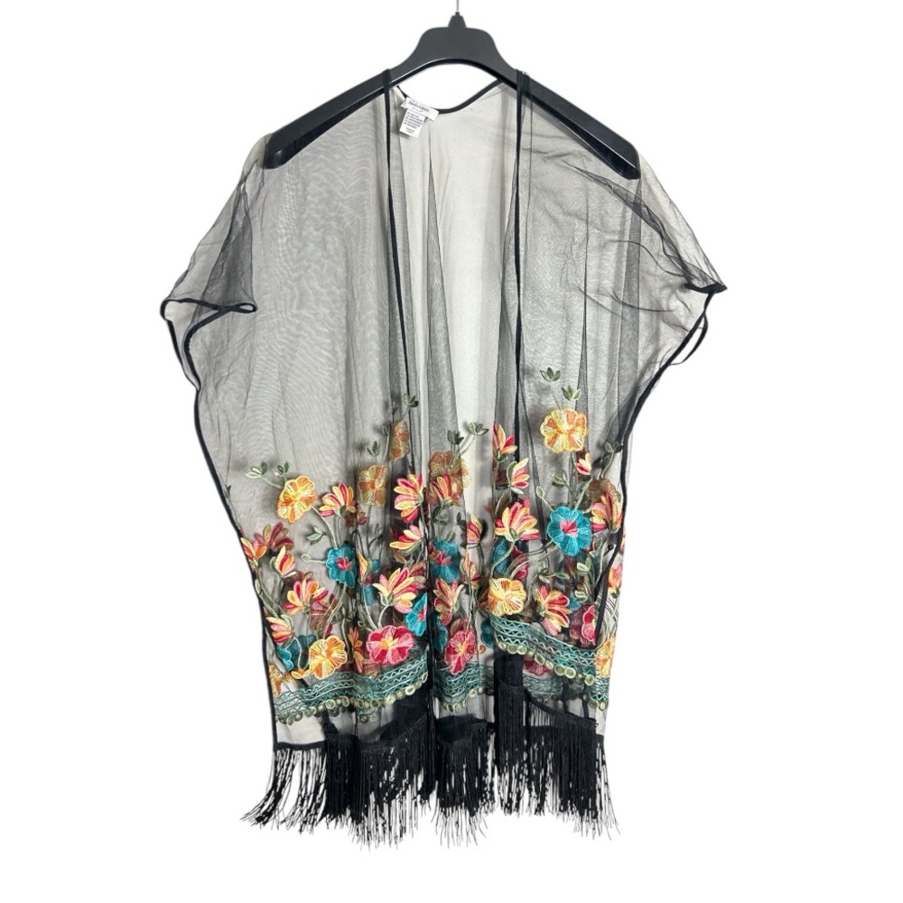 Haute Hippie Black Mesh Flower Embroidery Fringe Kimono One Size - Picture 2 of 9